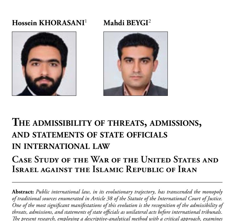 The admissibility of threats, admissions, and statements of state officials in international law — Case study of the war of the United States and Israel against the Islamic Republic of Iran