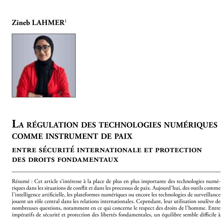 La régulation des technologies numériques comme instrument de paix : entre sécurité internationale et protection des droits fondamentaux